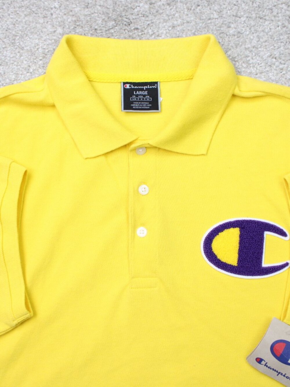 Champion Polo Shirt NWT Men Large Yellow/Purple Pique Chenille C Embroidered S/S